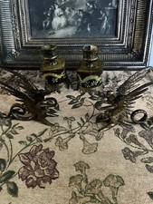 Pair Antique french Longwy Enameled brass candlesticks Griffon Dragon Rare picture