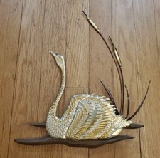 Vintage Swan Bird with Cattails Brass Copper and Wood MCM Wall Art Decor Single picture