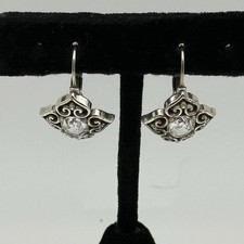 Scrolled Silvertone & Faceted Clear Crystal Leverback Pierced Earrings picture