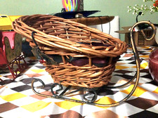 Christmas Wicker Sleigh W/Holly Leaves Metal Runners ribbon accent Vintage Decor picture