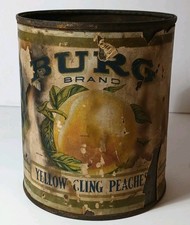 1930s VINTAGE BURG BRAND W.A. JORDAN GALESBURG ILLINOIS ANTIQUE PEACHES TIN CAN picture
