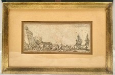 ANTIQUE STEFANO DELLA BELLA ETCHING, SOLDIERS AT A PORTSIDE BOARDING, FRAMED g picture