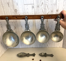 VINTAGE CROSBY & TAYLOR FOLK ART PEWTER FISH MEASURING CUP SET WOODEN HANGER WOW picture