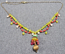 Vintage boho goldtone metal & glass bead dangles chain strap collar necklace picture