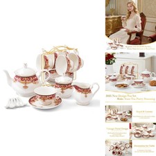 DUJUST 22 pcs Royal Vintage Porcelain Tea Set for 6, Red Patterns & Golden Trim picture