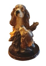 Vintage Large Resin 2 Cocker Spaniel Dogs Figurine Statue Sitting On Stump 8