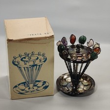Vtg Mid Century 12 Cocktail Pick Holder Set Silver Plate Gemstone Prata 99 w/Box picture