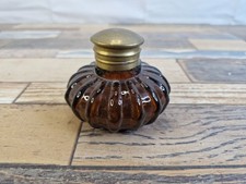 Vintage Dark Amber Glass Melon Inkwell with Brass Hinged Lid – Writing... picture