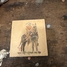 Vintage Western Cowboy And Horse Drawn On Wood Plague 3.5 By 4” picture