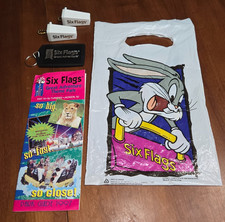 Vintage 90's Six Flags Plastic Photo Souvenir Keychains w/ Park Bag & Map - Bugs picture