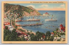 Bay of Avalon Santa Catalina CA Postcard Coastal View Ships Boats Linen picture