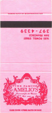 The Famous Amelio's San Francisco CA Vintage Matchbook Cover 1960s-70s picture