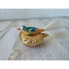 Vintage blumchen inge glas glass bird nest spun ornament glitter gold Xmas tree picture