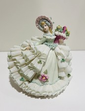 Vintage MZ Dresden Irish 6” Shamrock Lady Porcelain Figurine Flowers Ireland picture