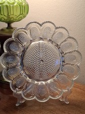 Vintage Cut Pebbled Glass Deviled Egg Serving Platter Plate Holds 15 Eggs picture