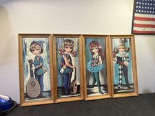 Vtg 4 Piece Set Eden Big Eye Harlequin Girl Wall Art Framed Mid Century Retro picture