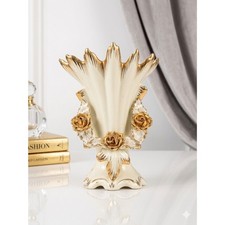 Vintage Portuguese Fan Vase Heavy 24K Gold Gilt Applied Roses Ceramic picture