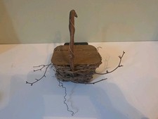Rustic Primitive Farmhouse Twig Basket Natural Branch Handle Hinged Metal Cover picture
