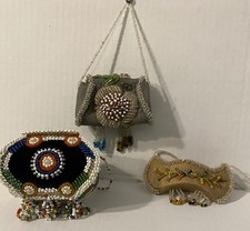 Antique Native American Iroquois souvenir beadwork of two small boxes and canoe picture
