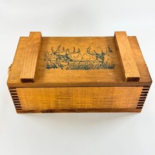 Vintage Wooden Storage Box Rustic Deer Illustration Hinged Lid Rope Handles picture