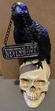 Edgar Allan Poe Raven on Skull Gothic Bird Figurine 9” Statue W Nevermore Sign picture