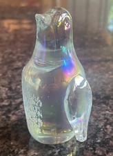 Art Glass Clear Frosted Iridescent Penguin Figurine 3.25” Hand Blown Paperweight picture