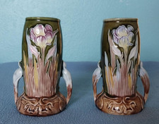 Pair of Antique Majolica Art Nouveau Small Vase Iris Flowers - Marked 4832 - 5