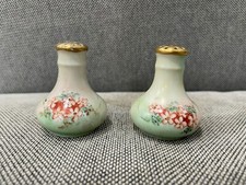Antique Porcelain Salt & Pepper Shakers w/ Painted Red Flowers Decoration Signed picture