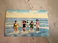 Postcard Bathing Beauties Holding Hands Beach Linen Unposted picture