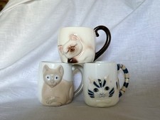 Vintage Japan Cat Mug Lot of 3 3D Relief Ceramic Siamese Tabby Tail Handle picture