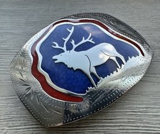 Vintage Johnson & Held 100% Hand Crafted Elk Inlay Belt Buckle–Blue & Red Denver picture