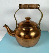 VTG Sm Copper Tea Kettle w Patina by Tagus Portugal Wood Handle Rustic Tin-Lined picture