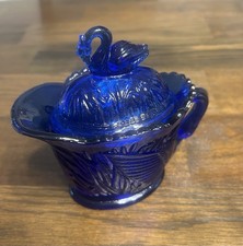 Vintage Westmoreland Cobalt Blue Glass Swan and Reeds Lidded Creamer Pitcher picture