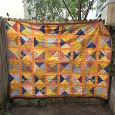 Vintage Patchwork Quilt Hourglass Square Orange Floral Handmade Tied 80x70