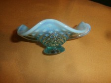 Vintage Blue Hobnail Opalescent Glass 2 Handle Bon Bon Dish picture