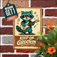 Blue Cat Playing Guitar Whimsical Cartoon Character Musical Sign Art picture
