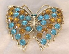 Vintage Butterfly Rhinestone Brooch Gold Tone Blue Amber Crystal Pin picture