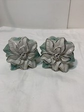 Vintage Poinsettia Holiday Salt and Pepper Shakers White Green Silver Trim picture