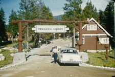 c1950's Kodachrome Red Border 35mm Slide Tekarra Lodge Jasper Alberta Chevrolet picture
