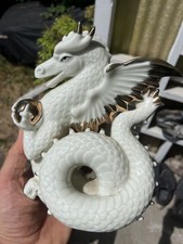 Vintage White & Gold Porcelain Dragon Figurine Flaming Pearl / Orb of Wisdom 8