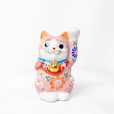Choho Kutani Pink Maneki Neko Lucky Cat Left Paw Porcelain Figurine 10.2cm picture