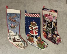 Vintage Lot Of 3 Handmade Needlepoint Stocking Santa Christmas Angel Teddy Bear picture