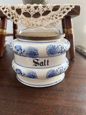 Vintage Blue Onion Ceramic Wall Salt Box Wood Lid Blue White picture