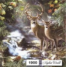 (1900) TWO Paper LUNCHEON Decoupage Art Craft Napkins - DEER BUCK DOE AUTUMN picture