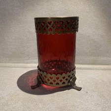 Vintage Bohemian Footed Ruby Red Diamond Cut w/Brass Trim 7