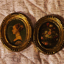 Vintage Mid-Century Italian Gilded Resin Oval Wall Plaquetts-Matched Set of 2 picture