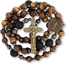 Brown Tiger Eye Rosary for Men with Lava Beads  St. Benedict & Cross Necklace picture
