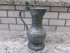 Antique Pewter Pitcher, Acron Thumb-Lift Hinge Lid 6.5