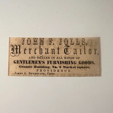 John F Jolls Merchant Tailor Furnishing Goods 1856 Providence RI Ad 5AK8-S16 picture
