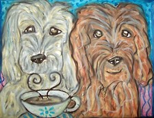 GOLDENDOODLE Drinking Coffee Dog Collectible 8 x 10 Signed Pop Folk Art Print picture